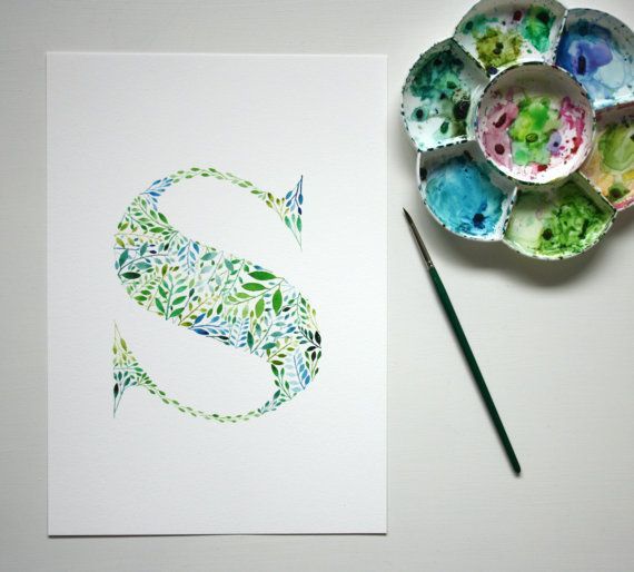 the letter s is painted with watercolors on paper