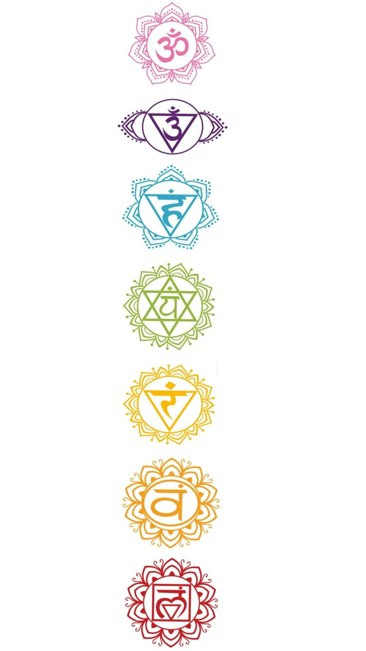 seven chakras in different colors with the symbol for each chakra on them