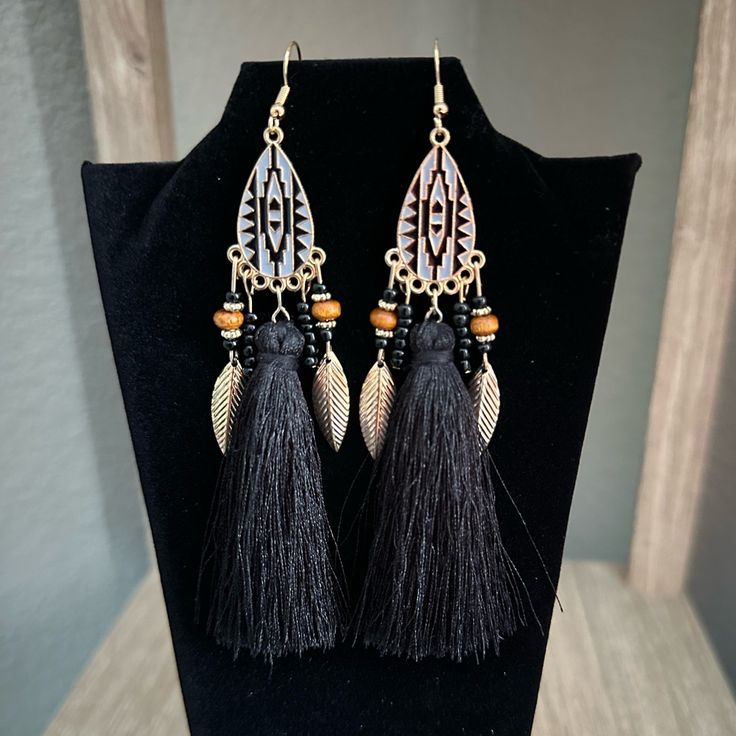 Cute And Classy, Handmade Which Makes For An Original Set 4 1/2” Long. Keywords Gift Unique Mother Wife Birthday Party Professional Boho Tassel Black Bohemian Earrings With Ear Wire, Black Dangle Jewelry For Festivals, Black Dangle Jewelry For Festival, Black Bohemian Drop Earrings, Handmade Black Tassel Drop Earrings, Black Drop Tassel Earrings As Gift, Black Tassel Earrings For Gift, Black Tassel Earrings As Gift, Black Jewelry With Latkans For Festivals