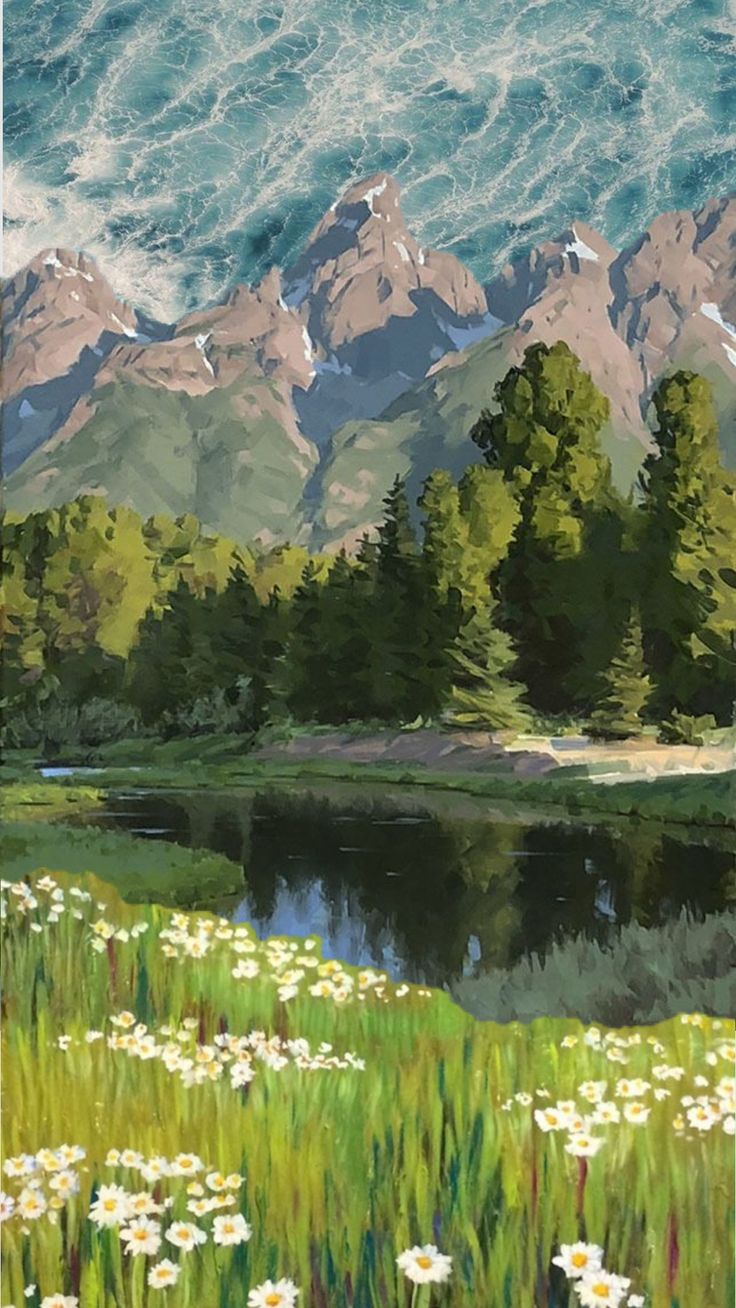 a painting of mountains and water with flowers in the foreground