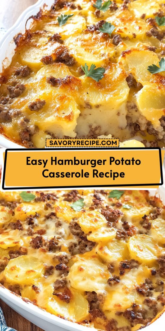 an easy hamburger potato casserole recipe in a white dish on a wooden table