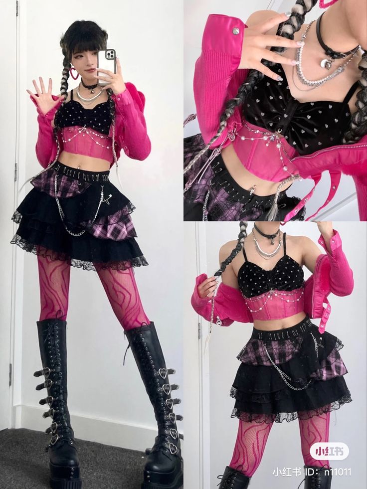 Pink And Black Kpop Outfits, Bubblegum Punk Fashion, Outfits To Wear To A Pink Concert, Hyperpop Concert Outfit, Punk Harajuku Outfits, Alt Barbie Outfits, Black And Pink Punk Aesthetic, Pink Punk Aesthetic Outfits, Hyperpop Aesthetic Fashion