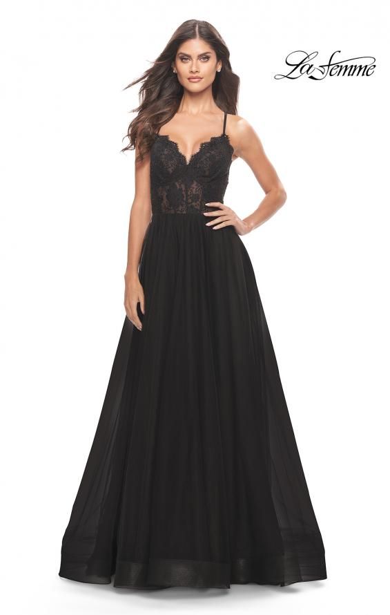 La Femme 31271 A-line tulle dress with sheer lace bodice and scallop edging along the neckline. Sheer Lace Dress, Prom Dress Stores, Prom Dress Styles, Prom Style, Designer Prom Dresses, Prom Designs, Corset Lace, Prom Girl, Lace Evening Dresses