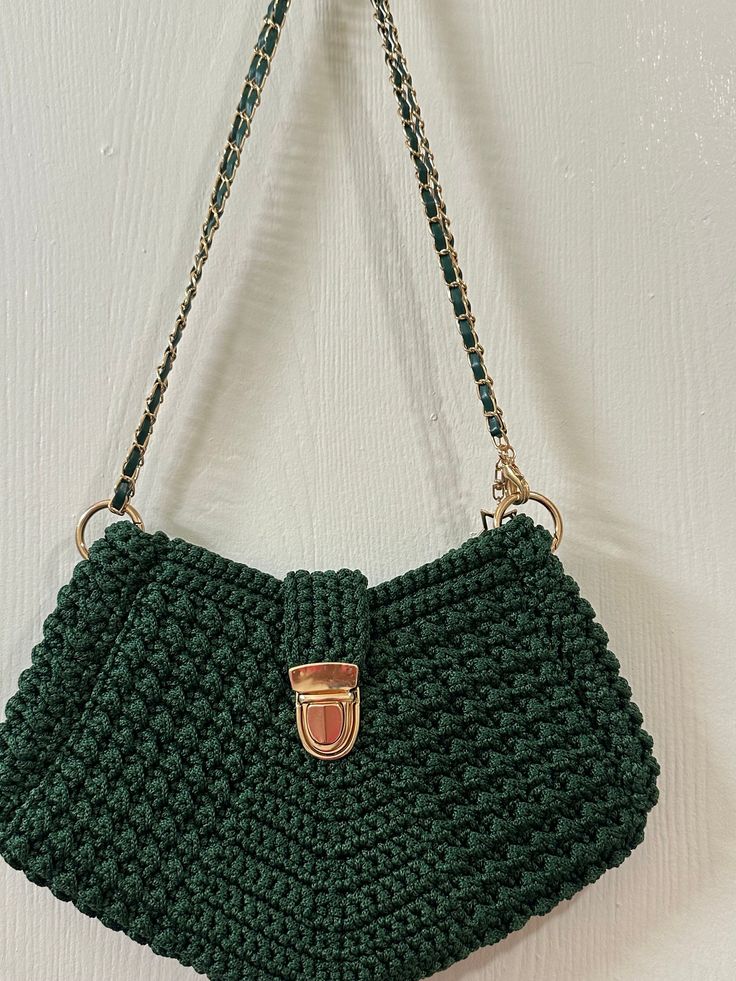 Luxury purse dark green color.  Crossbody bag length 122cm,48" Purse size 28cm,11.2" you can make your own long or half strap Dark Green Crochet Bag, Green Rectangular Satchel With Single Shoulder Strap, Rectangular Green Satchel With Single Shoulder Strap, Green Rectangular Satchel With Single Strap, Green Satchel With Single Shoulder Strap For Travel, Green Travel Satchel With Single Shoulder Strap, Green Bag With Long Strap For Daily Use, Green Long Strap Bag For Daily Use, Elegant Green Pouch Satchel