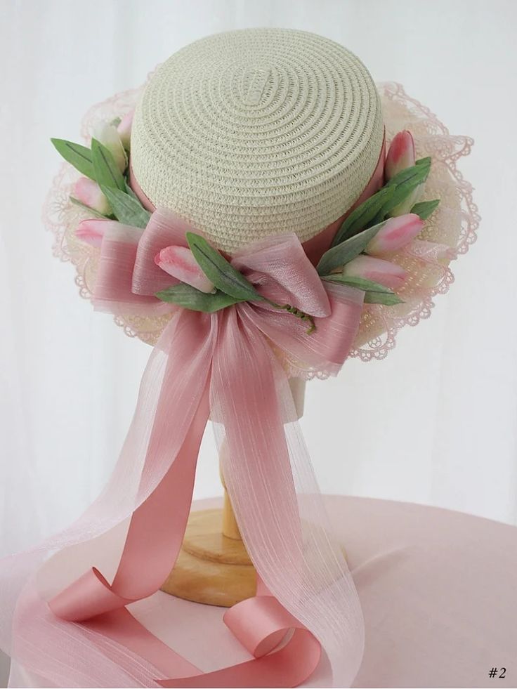 Pink Handmade Tulip Design Lace Bowknot Details Hairband/Bag/Hat Topi Vintage, Edwardian Hat, Trendy Bows, Collection Ideas, Easter Hats, Embellished Bags, Hat Decoration, Daily Hairstyles, Tulip Design