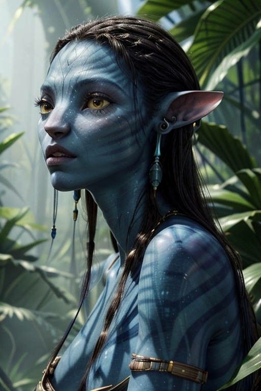 a woman with blue makeup and elf ears in the jungle, surrounded by plants on either side