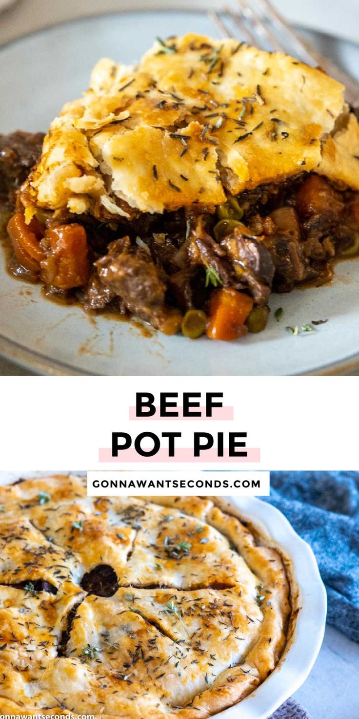 beef pot pie on a white plate with text overlay