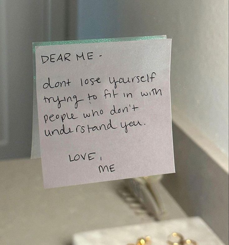 a note attached to a bathroom mirror with the words dear me written on it in cursive writing