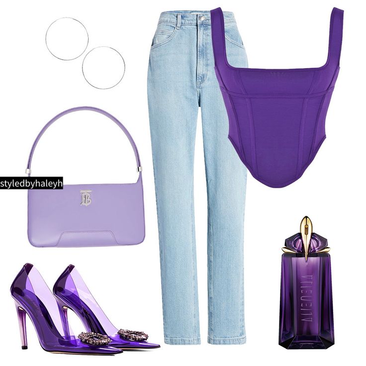 Purple top and purple heels Purple Night Out Outfit, How To Style Purple Top, Purple Night Outfit, Purple Tops Outfit, Purple Corset Top Outfit, Purple Cute Outfits, Blue Heels Outfit Ideas, Purple Style Outfit, Fashion Outfits Purple