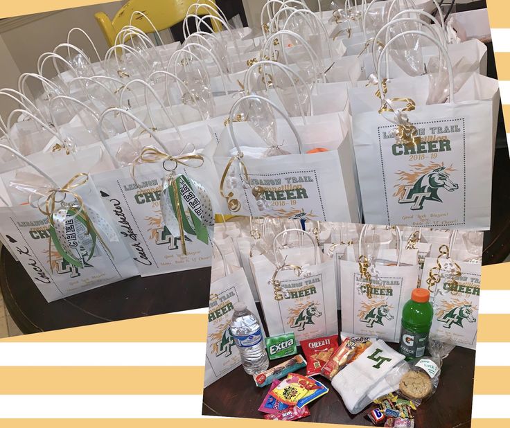 several bags with various items on them sitting on a table