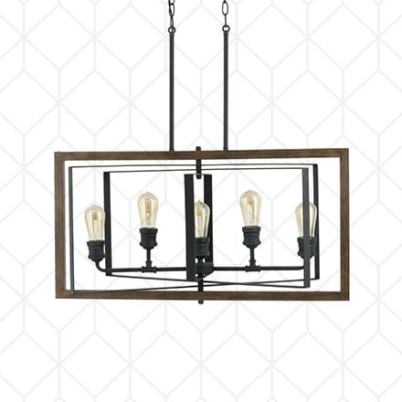 a chandelier with four lights hanging from it's sides and an open rectangular frame