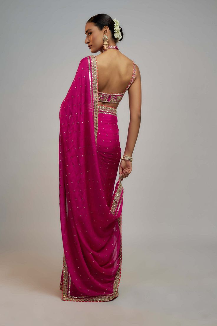 Gopi Vaid | Pink Anupa Sari And Blouse | INDIASPOPUP.COM Indiana Outfits, Indian Wedding Outfits Guest For Women, Zardozi Border, Indian Fits, Pink Sari, Gopi Vaid, Saree Jacket, Powerful Goddess, Saree Jacket Designs