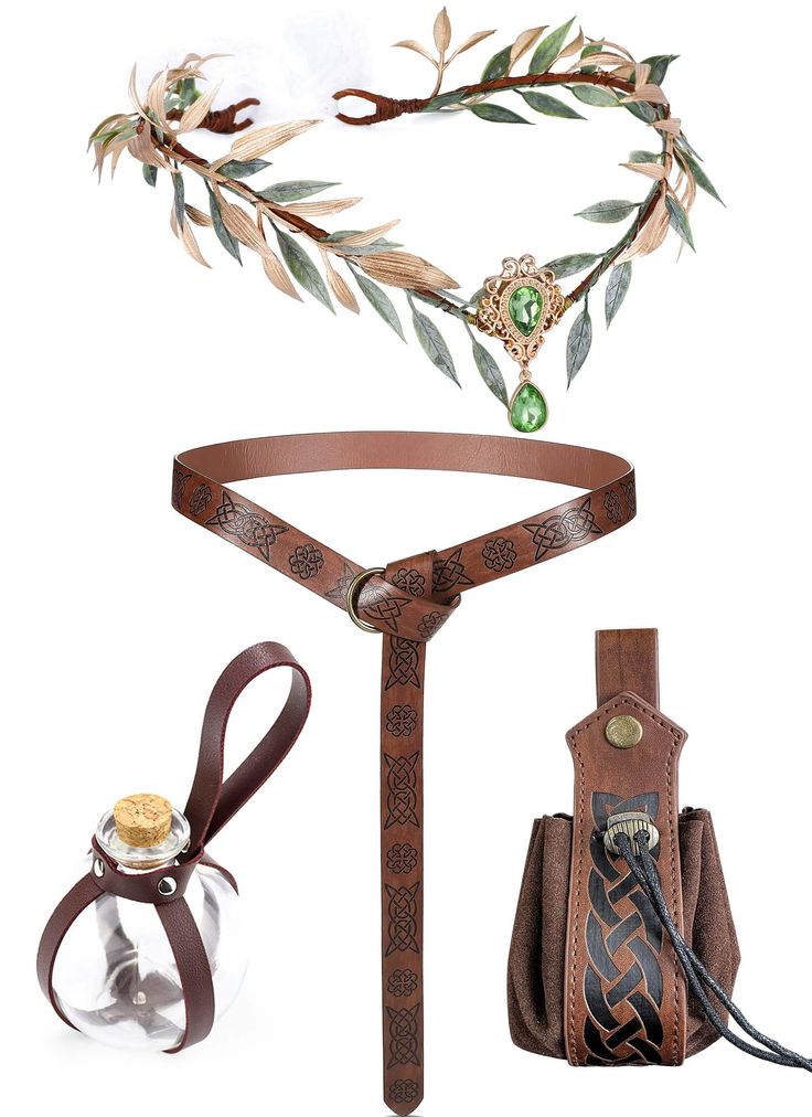 PRICES MAY VARY. Package Included: The medieval renaissance costume set includes a belt, vintage bags, magic potion bottle, and an elf flower crown, making it a complete match to enhance your costume. Medieval Design: Featuring intricate details and inspired by the styles of the Middle Ages, Viking culture, and Renaissance period, this Renaissance accessory set will transport you back in time. Versatile Options: With a wide range of accessory set to choose from, you can create your own unique lo Middle Ages Accessories, Viking Inspired Outfit, Renfaire Accessories, Httyd Shifting, Elf Belt, Carnival Photo Shoots, Shifting Clothes, Viking Accessories, General Outfit