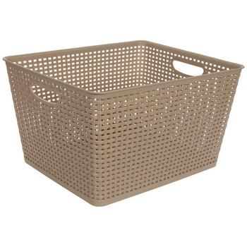 a brown plastic basket on a white background