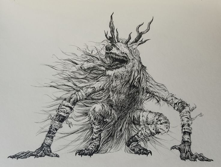 a black and white drawing of a creature with long hair on it's legs