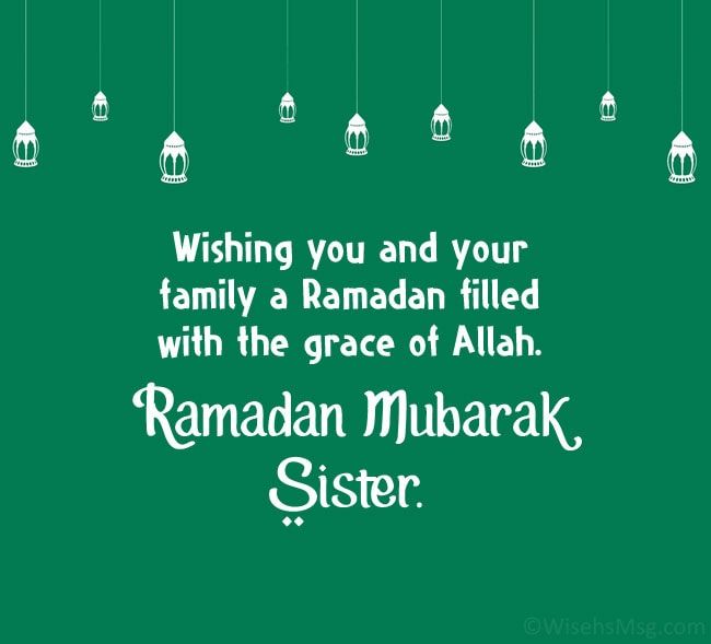 rama mubarak sister with lantern hanging from strings and the words, wishing you and your family a raman filled with the grace of allaah