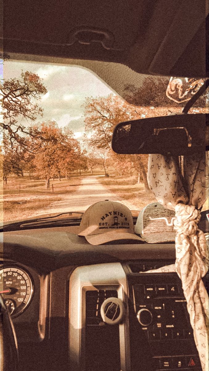 the driver's seat in a vehicle on a dirt road with trees and grass