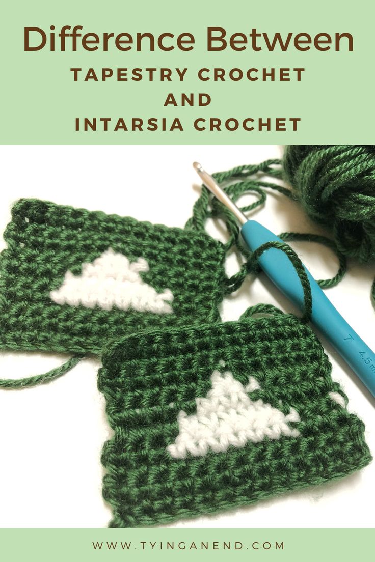 two crocheted squares with the words differences between tapestry crochet and intarsia crochet