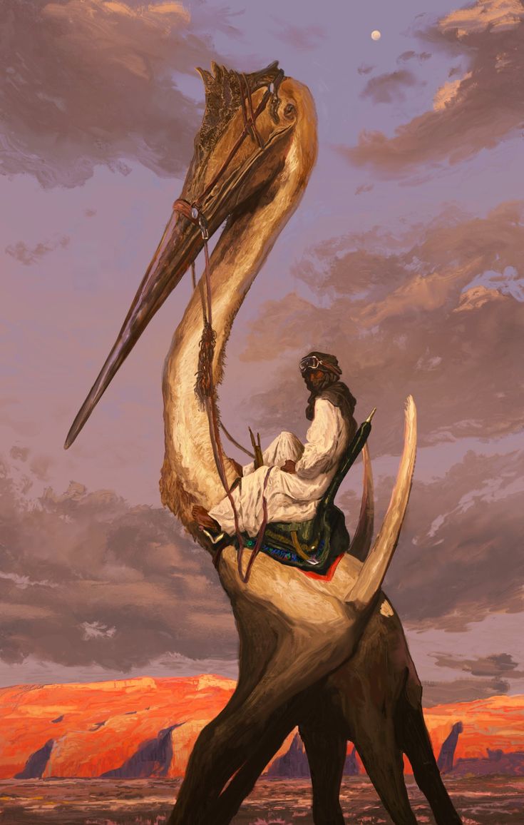 a man riding on the back of an elephant with a giant bird perched on it's head