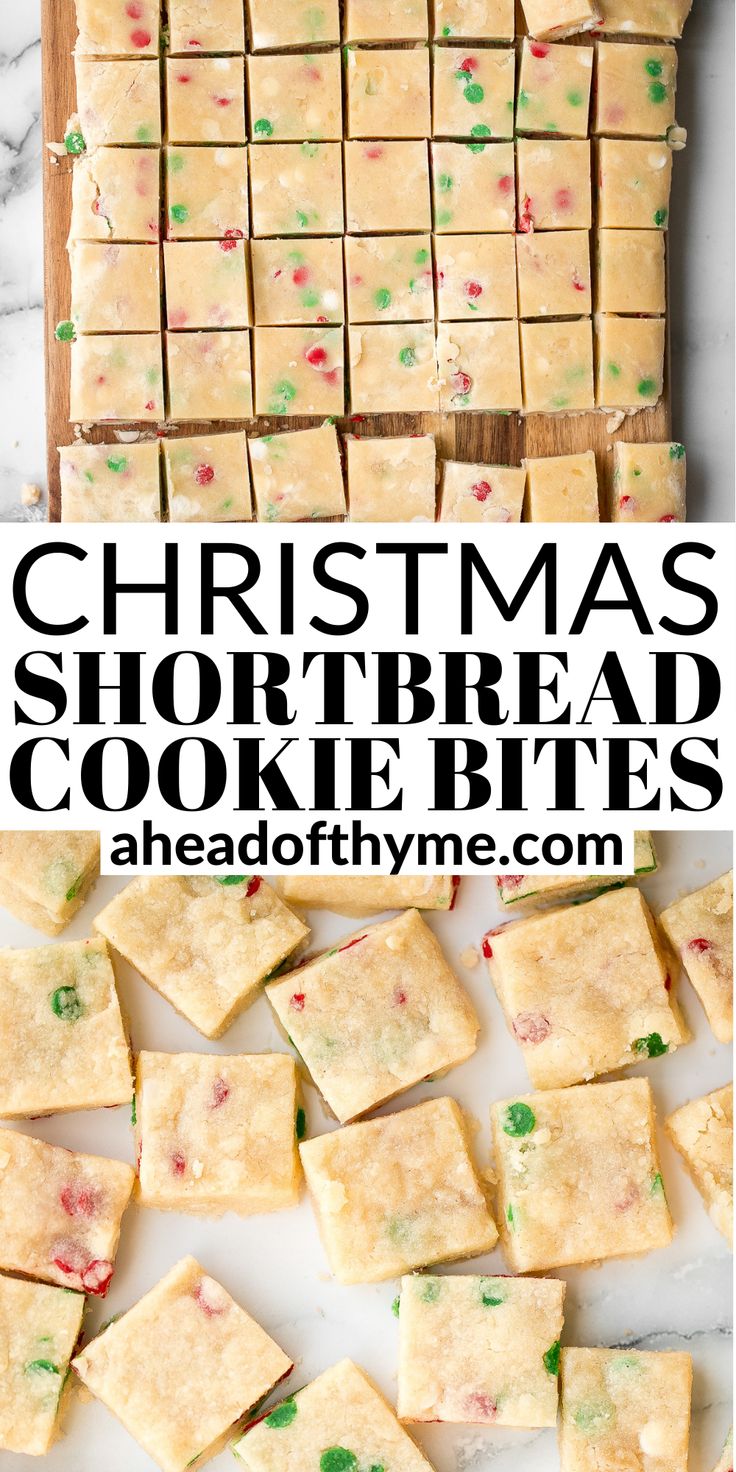 christmas shortbread cookie bites are cut into squares and stacked on top of each other