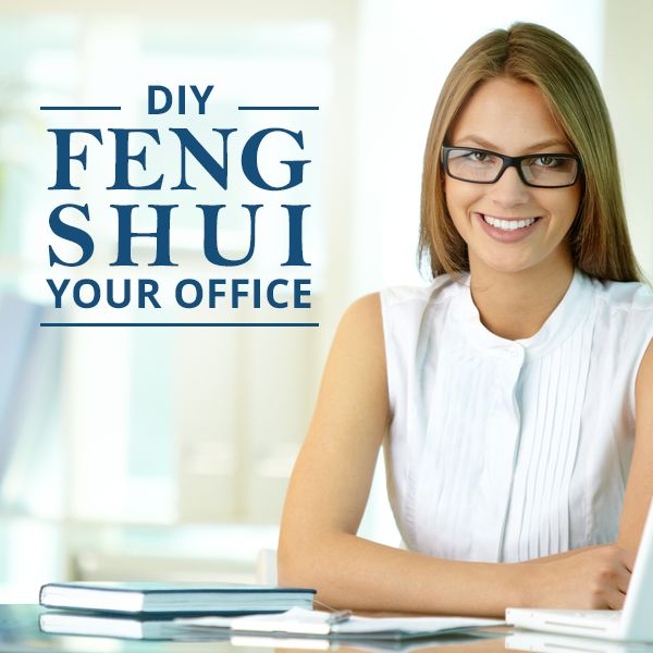 a woman sitting at a desk with a laptop in front of her and the words diy feng shui your office