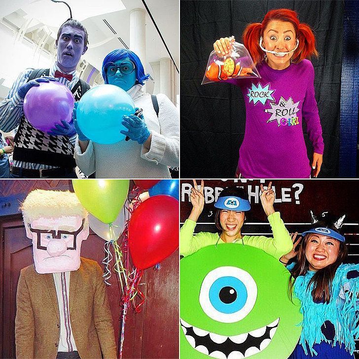 four pictures of people dressed up as monsters and clowns, one is holding balloons