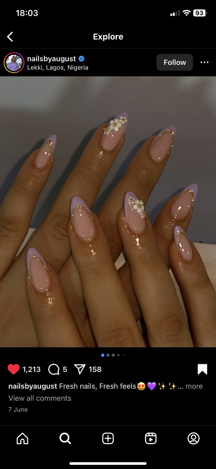 Lilac With Gold Nails, Purple Birthday Nails Almond, Cute Almond Nails Purple, Repunzle Themed Nails, Oval Birthday Nails, Fall Birthday Nails Almond, Short Almond Birthday Nails, Birthday Nails 25, Glinda The Good Witch Nails