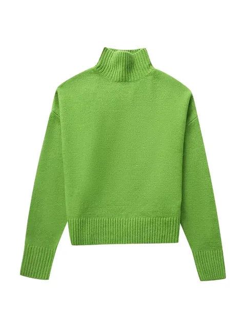 Featuring a turtleneck and loose knitted pullover, this long sleeve crop top is perfect for layering or wearing on its own. The oversized fit adds a trendy touch to your wardrobe. - Color: Green- Style: Sweater- Pattern Type: Solid- Sleeve Length: Long Sleeve- Neckline: Turtle neck- Material: Polyester- Closure Type: None- Fit Type Loose Fit- Occasion: Casual- Gender: Women-Size: Unit (cm)S: Length:57 Bust: 122 Shoulder: 61 Sleeve: 50M: Length: 58 Bust: 126 Shoulder: 62 Sleeve: 51L : Length: 59 Trendy Funnel Neck Sweater In Soft Knit, Trendy Oversized Soft Knit Turtleneck, Trendy Funnel Neck Soft Knit Sweater, Trendy Oversized Knit Turtleneck, Trendy High Neck Sweater With Ribbed Cuffs, Green Turtleneck Sweater With Ribbed Cuffs, Trendy Chunky Knit Long Sleeve Turtleneck, Trendy Oversized Spring Turtleneck, Oversized High Neck Sweater With Ribbed Collar