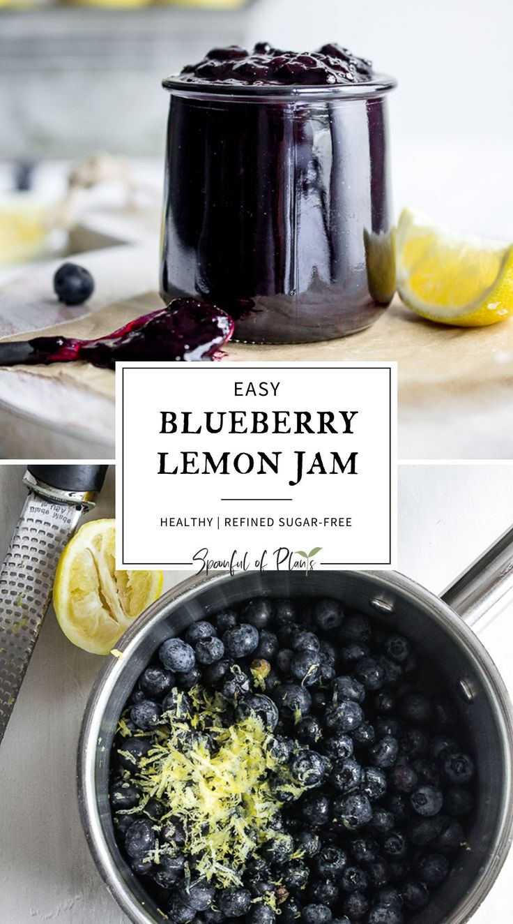 blueberry lemon jam in a pot and on the counter