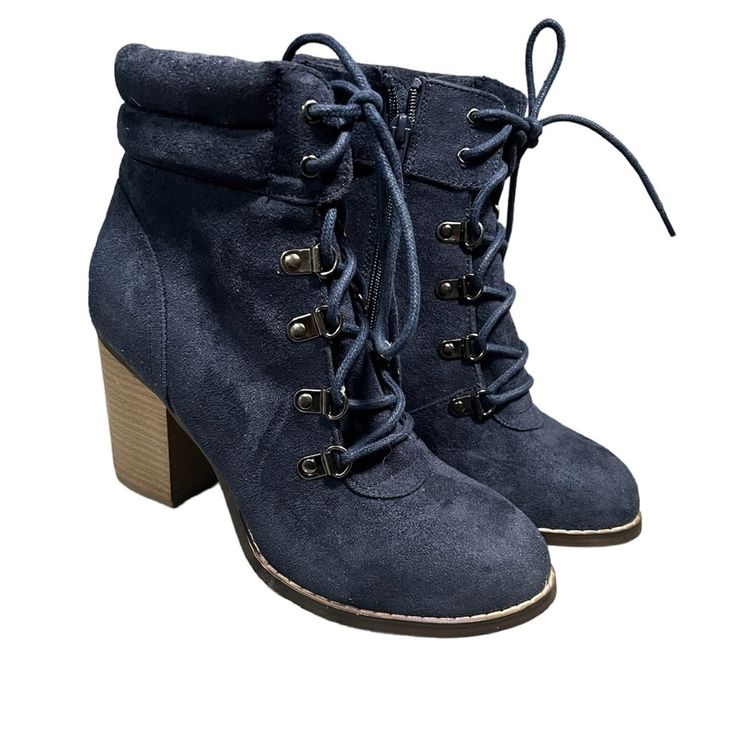 Never Been Worn Navy Blue Boots! Perfect For The Colder Season! Winter Denim Blue Boots, Denim Blue Boots For Winter, Trendy Denim Blue Round Toe Boots, Casual Denim Blue Boots For Winter, Casual Stacked Heel Winter Heels, Casual Stacked Heels For Winter, Casual Lace-up Boots With Block Heel And Reinforced Heel, Casual Blue Lace-up Boots, Blue Round Toe Heeled Boots For Spring