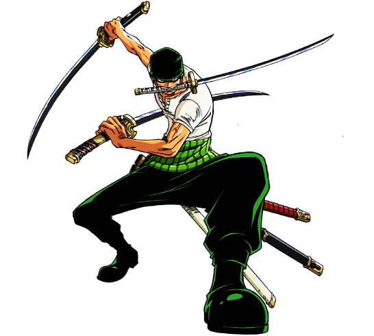 an anime character holding two swords with the caption zoro with his bandana you know it's about to go down