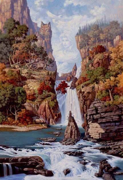 a painting of a waterfall in the middle of a forest filled with trees and rocks