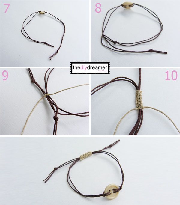 four pictures showing how to make a leather cord bracelet