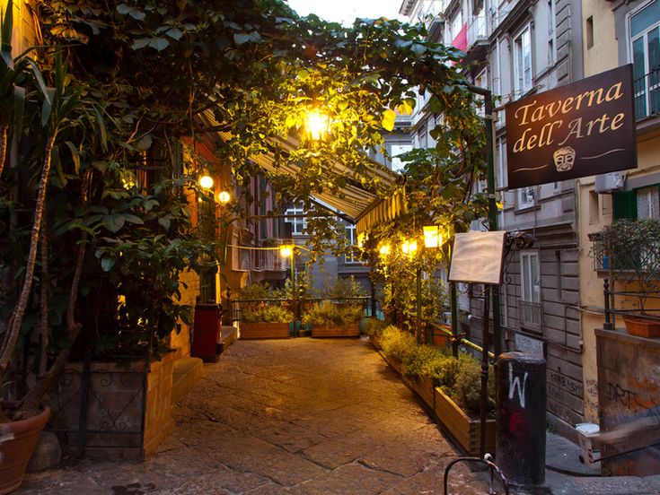 an alley way with lights and plants on either side