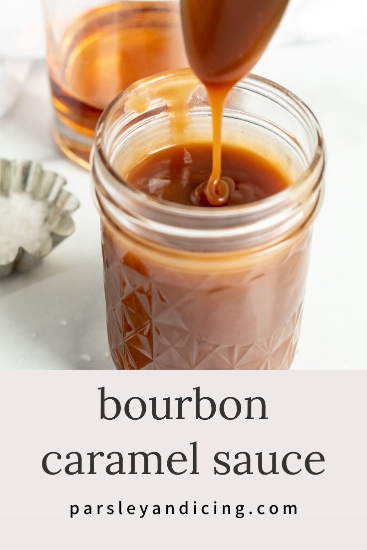 bourbon caramel sauce being poured into a jar