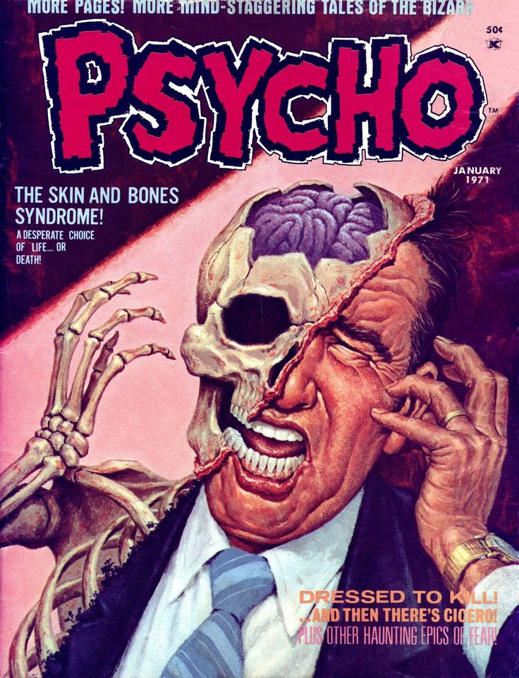 the cover to psychic magazine, featuring a skeleton holding a human head with its hands