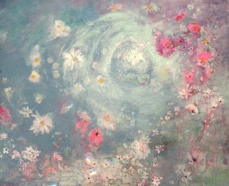 an abstract painting with pink and white flowers in the center, surrounded by blue sky