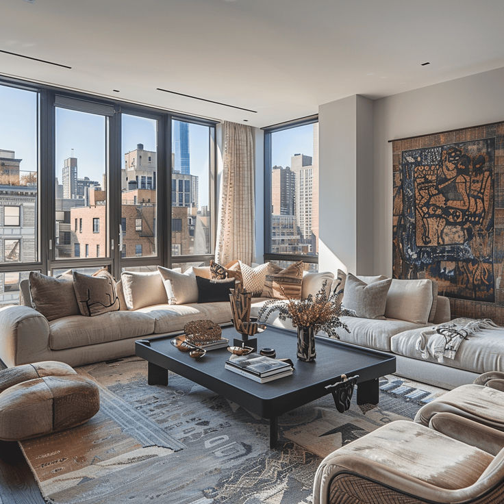 a living room filled with lots of furniture and large windows overlooking the cityscape