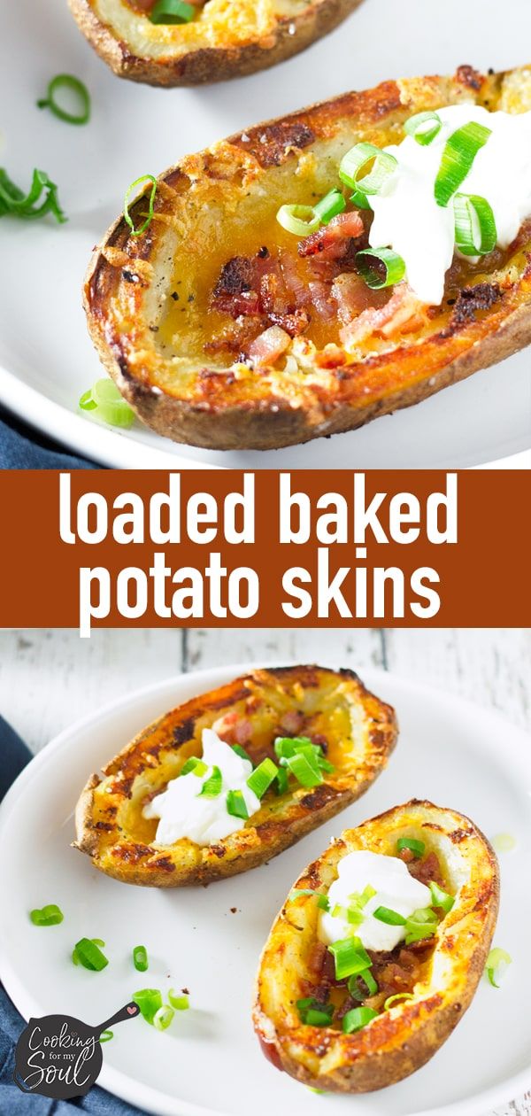 loaded baked potato skins on a white plate