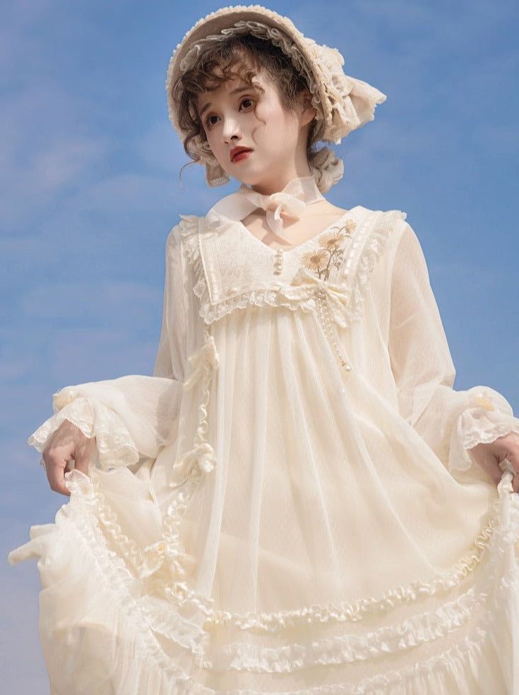 ❤Sweet Sunflower Pure White Lolita Dress❤︎ Op Dress, Lace Cuffs, Kind Reminder, Sailor Collar, Gift Of Time, Small Bows, Lolita Dress, Chiffon Fabric, Pure White