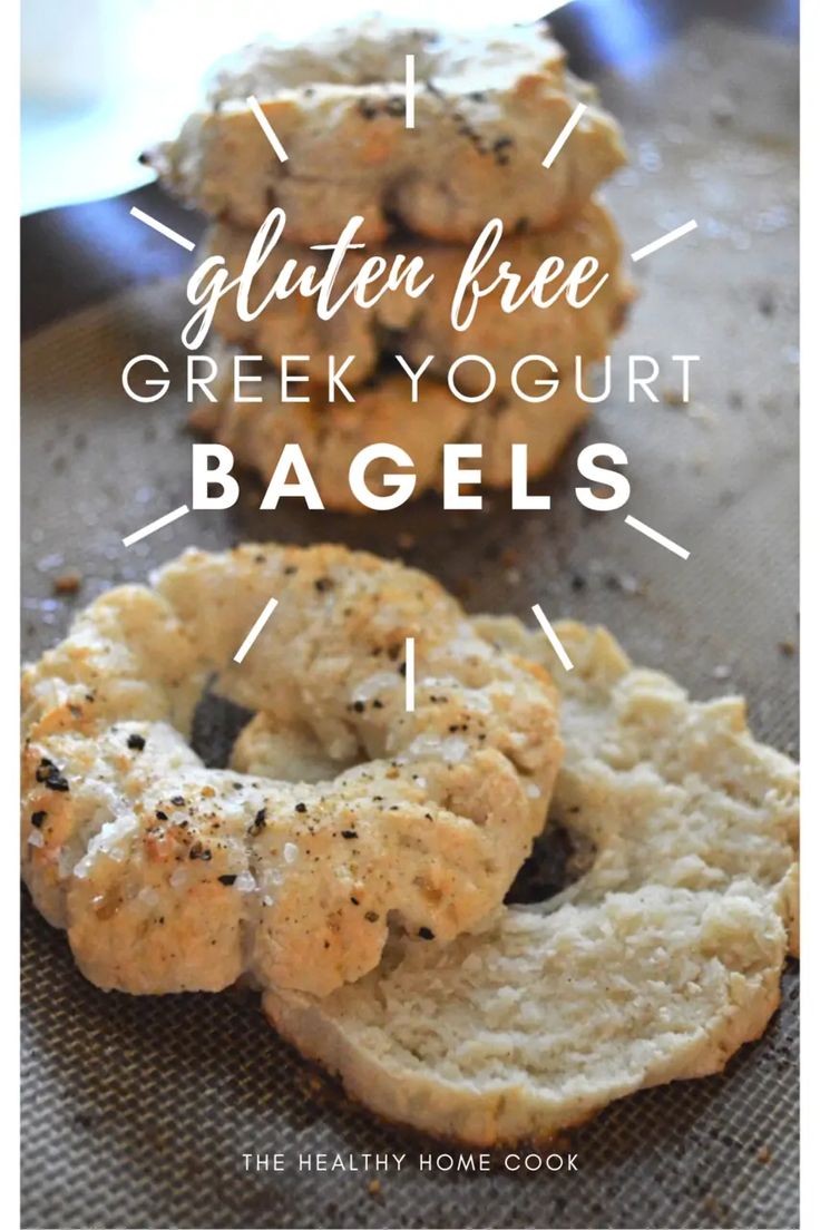 gluten free greek yogurt bagels on a baking sheet with text overlay