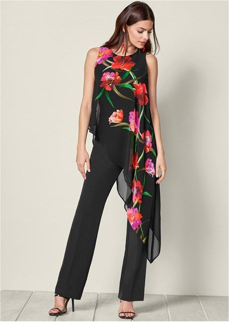 Overlay Jumpsuit, Floral Print Jumpsuit, Earrings Circle, Ball Drop, Chiffon Overlay, Printed Jumpsuit, Heel Sandal, Look Fashion, Jumpsuits For Women