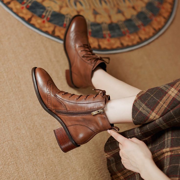 This Pair Of Ankle Boots Use Extremely Soft Cowhide Leather And Mid Calf Heel, Available In Brown And Black Color. The Upper, Lining And Insole Are All Made Of Top Layer Soft Leather, Flexible And Comfortable. Natural Rubber Sole Comfortable, Safe And Anti-skid.Original Design, Hand-Cut, Pointed Toe, Lace Up, Block Carving With A Strong Touch Of Retro Style. Wearing Your Unique Beauty. Details Determine Success Or Failure. Color: Black/Brown/ Black Short Plush/ Brown Short PlushMaterial: Top Lay Brown Ankle Boots Heeled, Small Heeled Boots, Brown Dress Shoes Women's, Brown Leather Boots Women's, Brown Shoes Women, Womens Brown Leather Ankle Boots, Block Carving, Brown Lace Up Boots, Brogues Womens