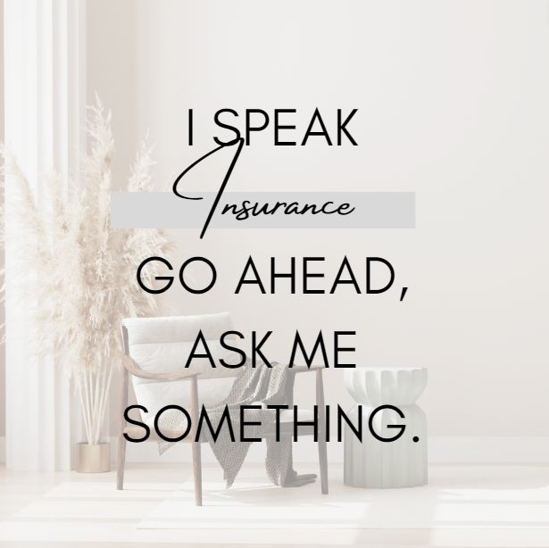 a chair sitting in front of a window with the words i speak insurance go ahead, ask me something