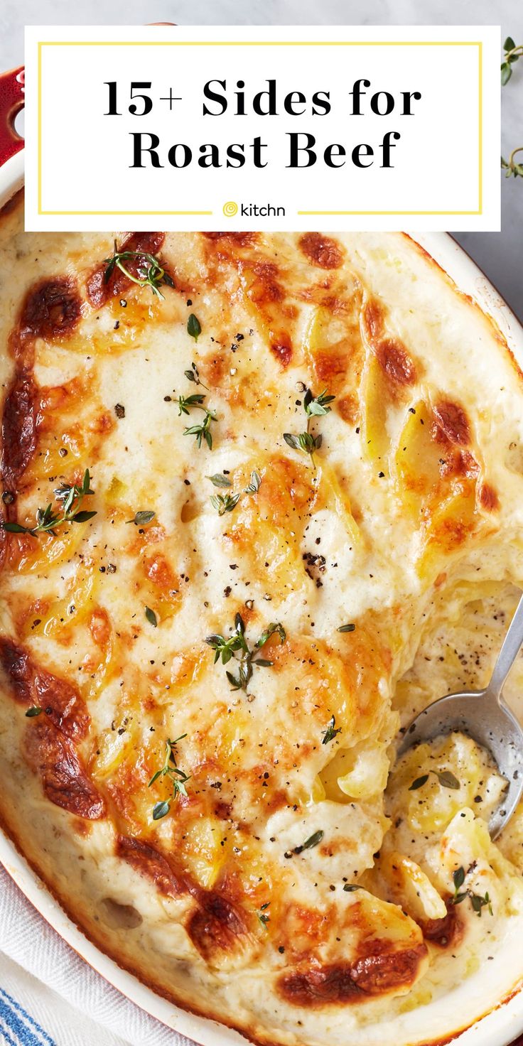 a close up of a pizza on a plate with the words, 15 sides for roast beef