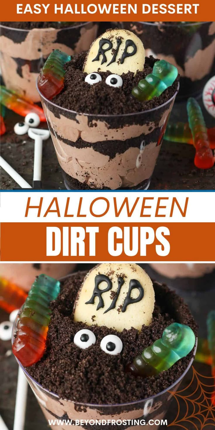 halloween dirt cups with googly eyes and candy in them for kids to make their own desserts