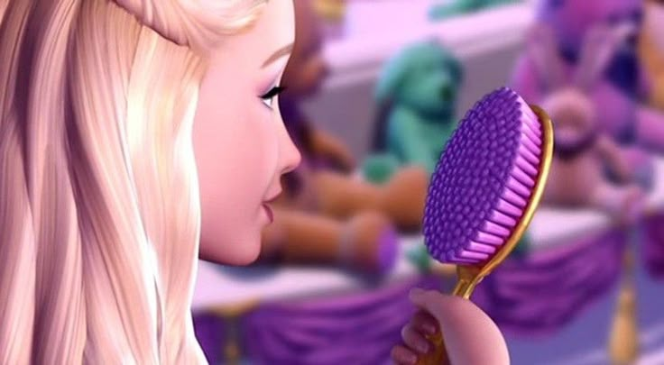 a young blonde girl brushing her hair with a purple brush in front of an audience