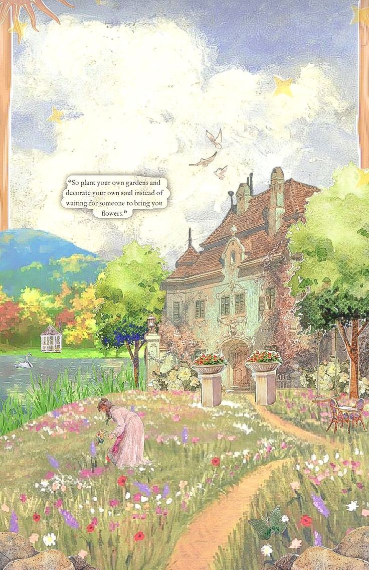 a painting of a woman in a garden by a house with a poem written on it