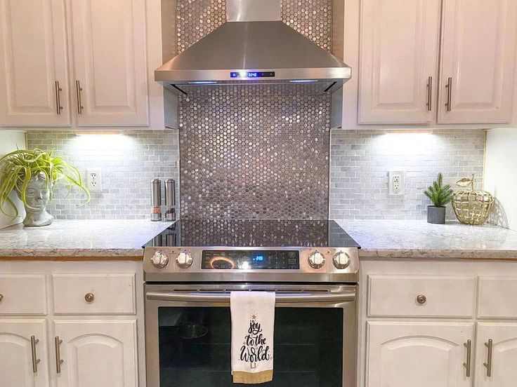 a kitchen with white cabinets and stainless steel stove top oven in the center, surrounded by potted plants