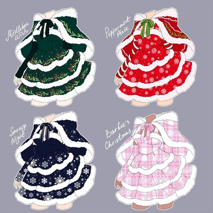 four paper dolls with different dresses on them